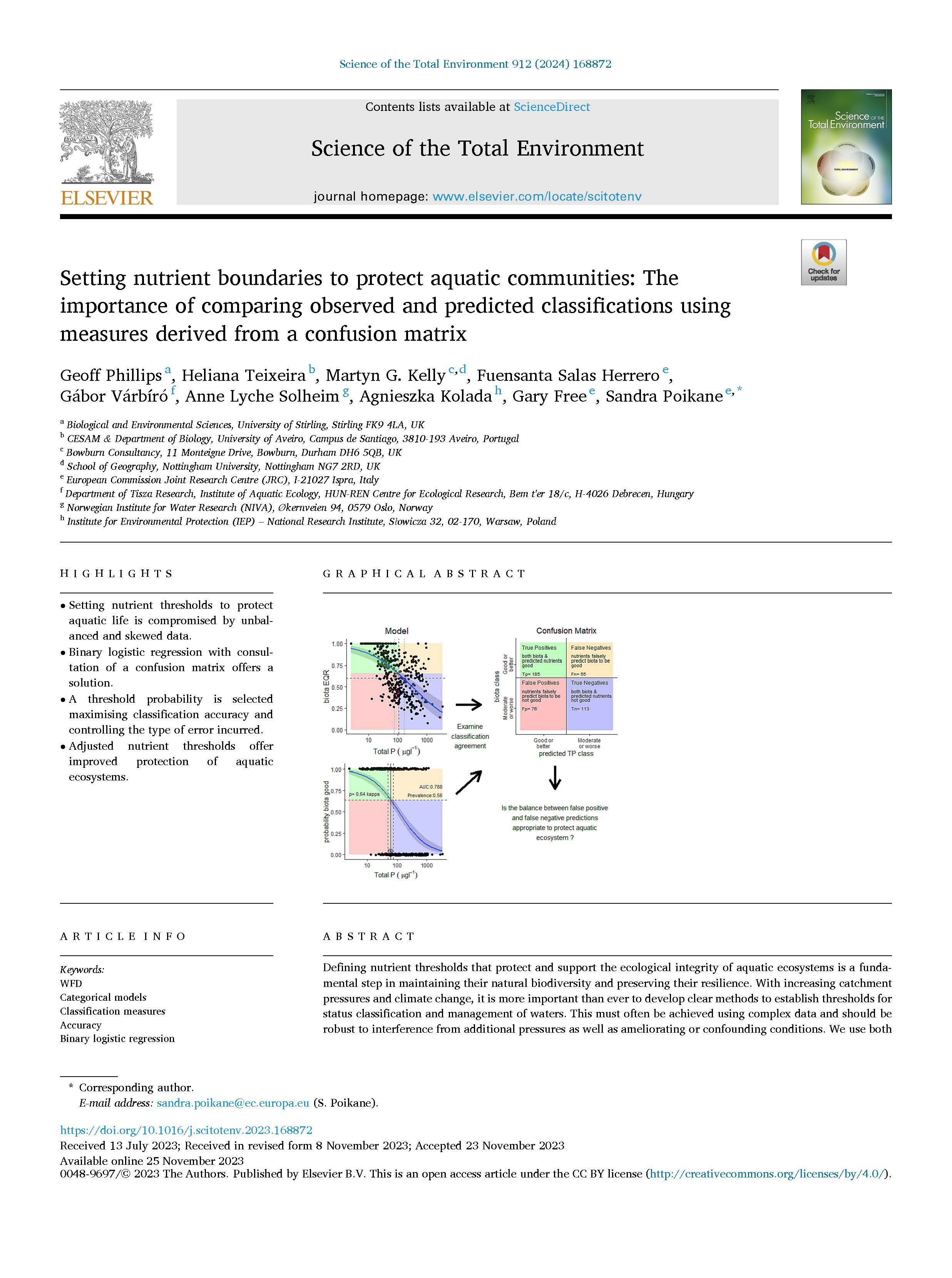 Setting nutrient boundaries to protect aquatic communities: The importance of comparing observed and predicted classifications using measures derived from a confusion matrix Setting nutrient boundaries to protect aquatic communities: The importance of comparing observed and predicted classifications using measures derived from a confusion matrix