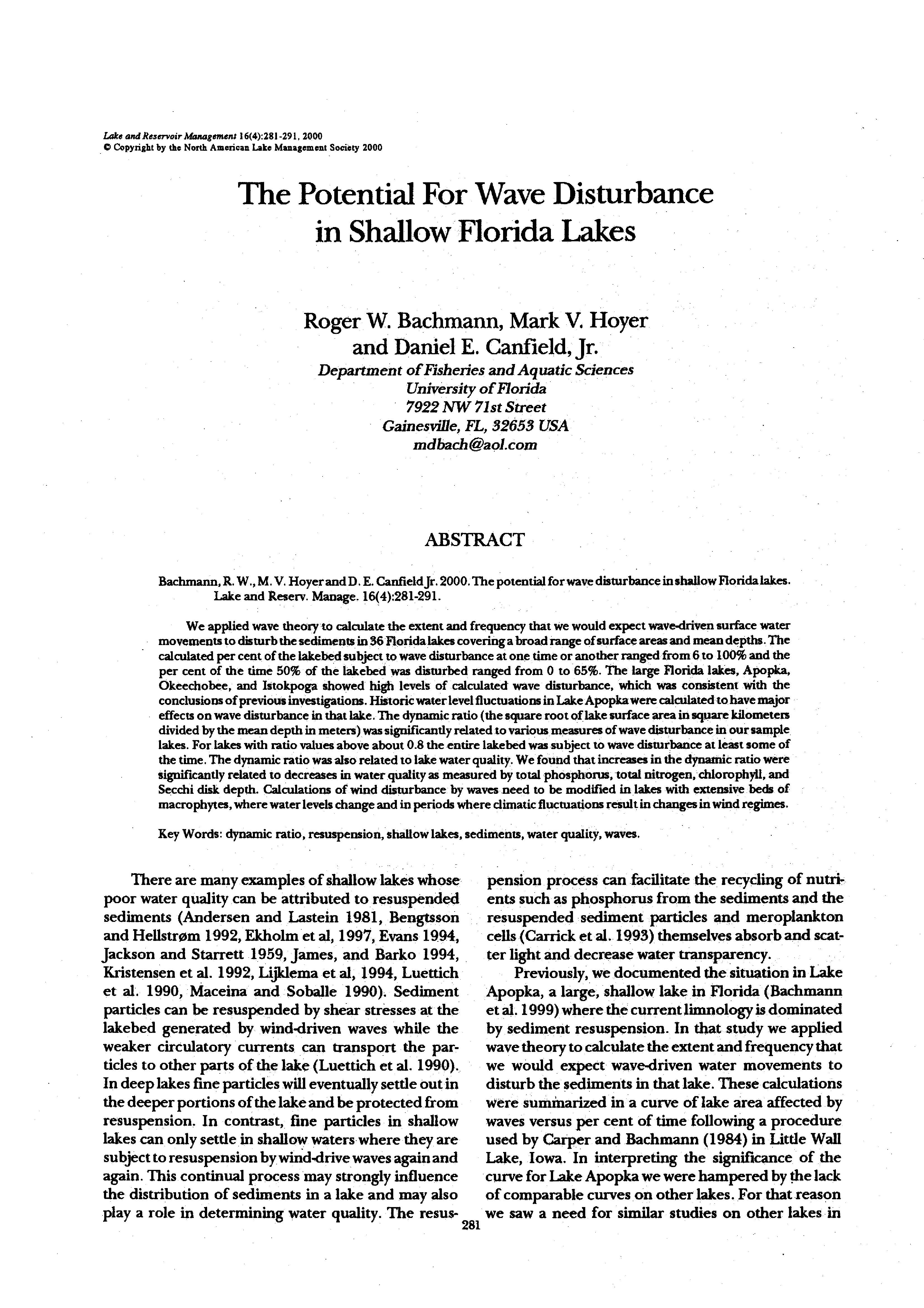 The Potential for Wave Disturbance in Shallow Florida Lakes
