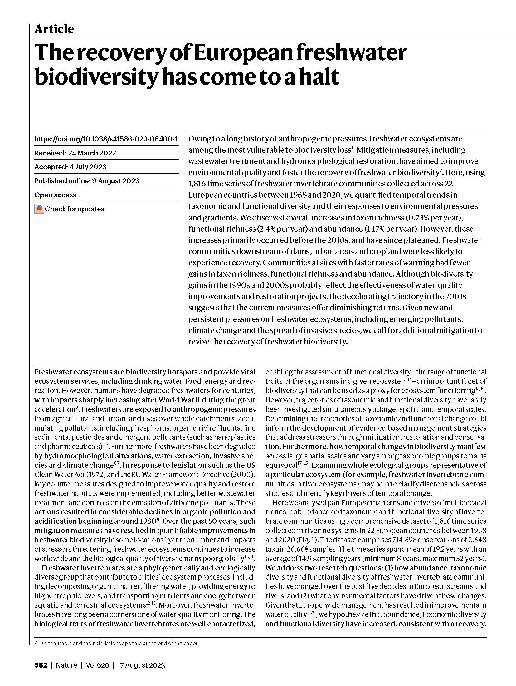 The recovery of European freshwater biodiversity has come to a halt The recovery of European freshwater biodiversity has come to a halt